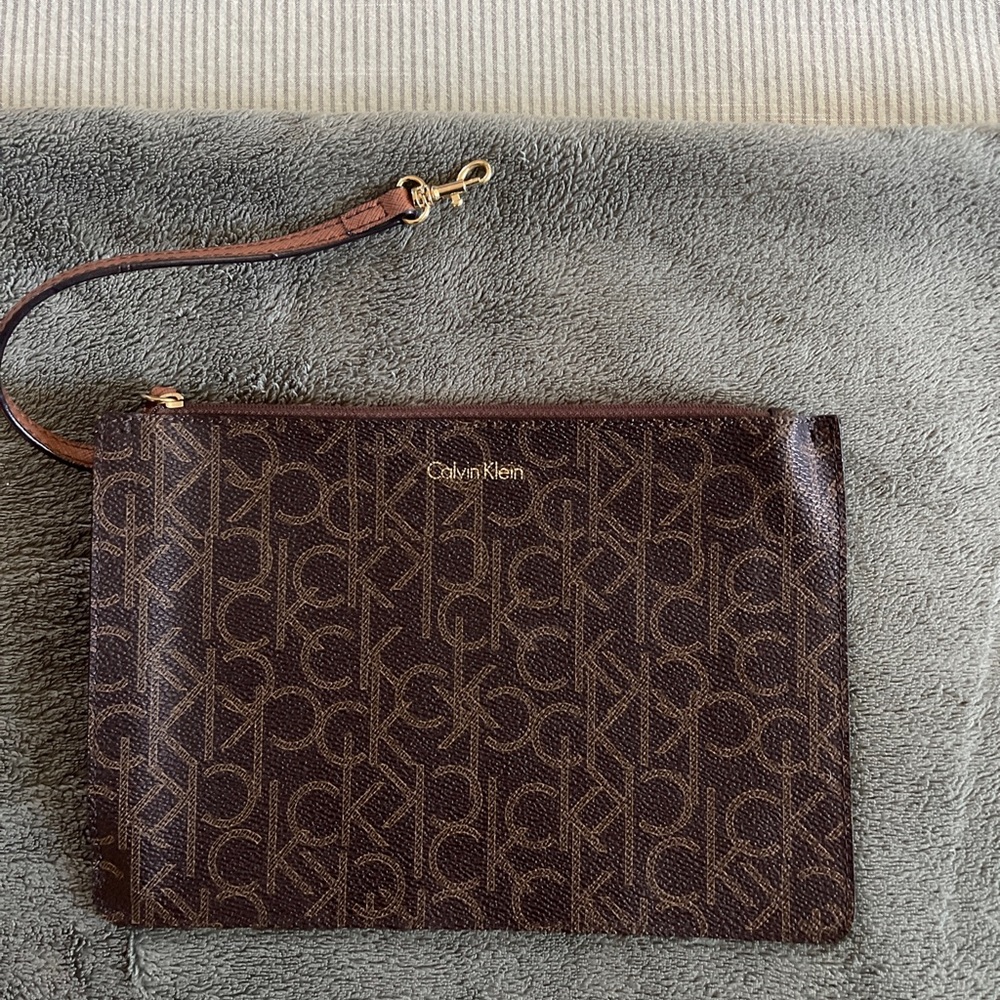 Calvin Klein Signature Monogram Zip Clutch Wristlet, brown